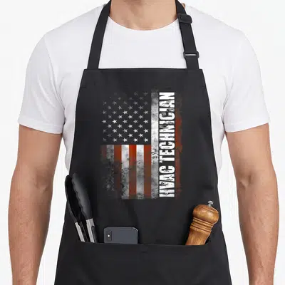 Technician american flag apron - Vertical IMAG TECHNICIAN text beside distressed red white American flag graphic — shown on a black cotton canvas apron against a white background