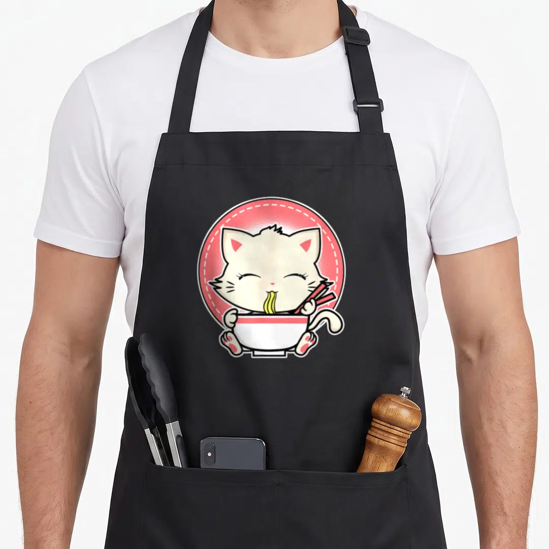 Japanese anime kawaii aprons - Cartoon white cat eating yellow noodles from a bowl with red chopsticks inside a red — shown on a black cotton canvas apron against a white background