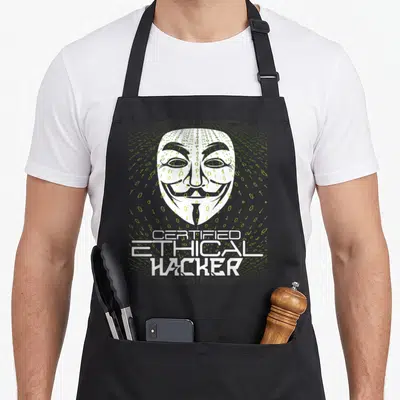 Certified nerd apron - White Guy Fawkes mask with lime green binary code and stacked text — shown on a black cotton canvas apron against a white background