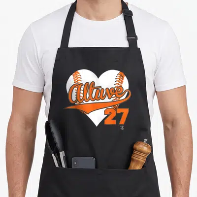 Jose baseball apron - Altuve script over white heart with orange stitching and number 27 — shown on a black cotton canvas apron against a white background