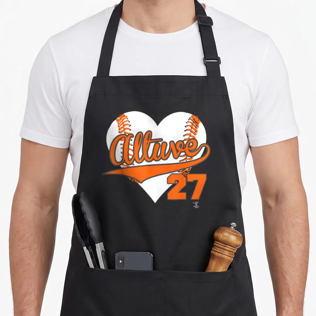Jose baseball apron - Altuve script over white heart with orange stitching and number 27 — shown on a black cotton canvas apron against a white background