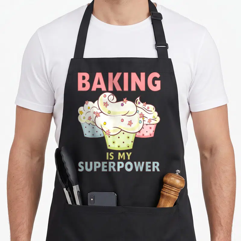 Superpower holiday baking apron - Three cartoon cupcakes with pink, white, green, and blue wrappers under bold text — shown on a black cotton canvas apron against a white background