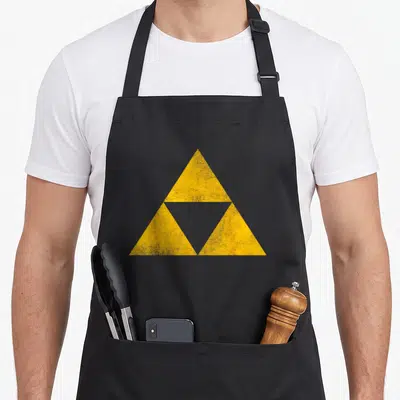 Triforce simple apron - Three yellow triangles forming a larger triangle with a central void in distressed print — shown on a black cotton canvas apron against a white background