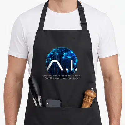 Singularity machine apron - Blue binary globe with A.I. text and resistance is pointless quote — shown on a black cotton canvas apron against a white background
