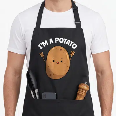 Spud potato apron - Cartoon brown potato with raised arms and arched I'M A POTATO text — shown on a black cotton canvas apron against a white background