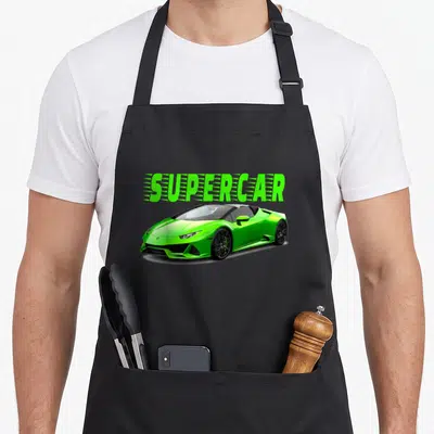 Supercar car apron - Lime green supercar text above a realistic green convertible sports car — shown on a black cotton canvas apron against a white background