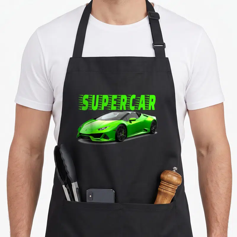 Supercar car apron - Lime green supercar text above a realistic green convertible sports car — shown on a black cotton canvas apron against a white background