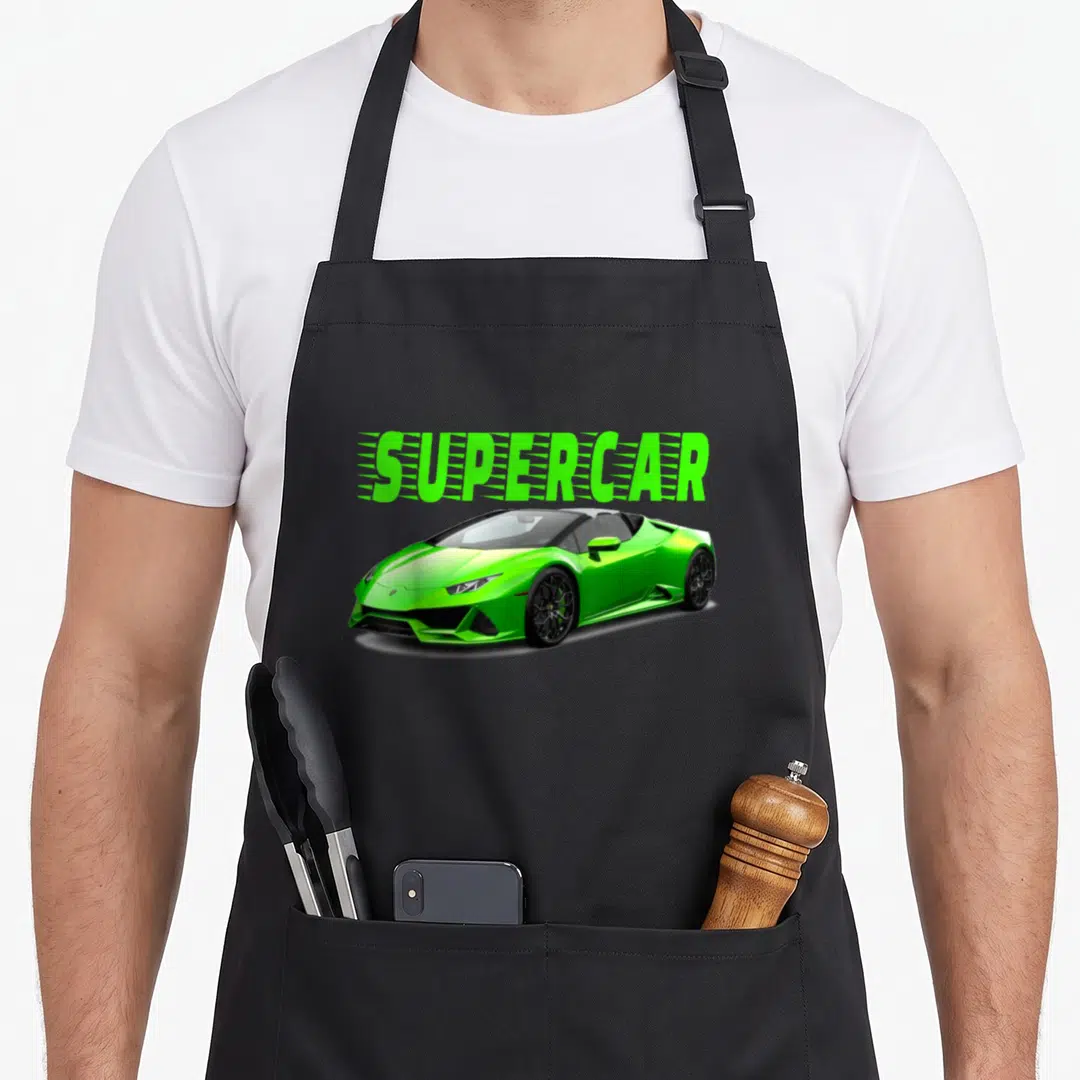 Supercar car apron - Lime green supercar text above a realistic green convertible sports car — shown on a black cotton canvas apron against a white background