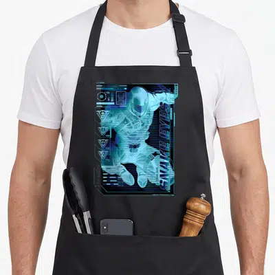 Snake collectible apron - Blue ninja schematic with vertical SNAKE EYES text and digital UI lines — shown on a black cotton canvas apron against a white background