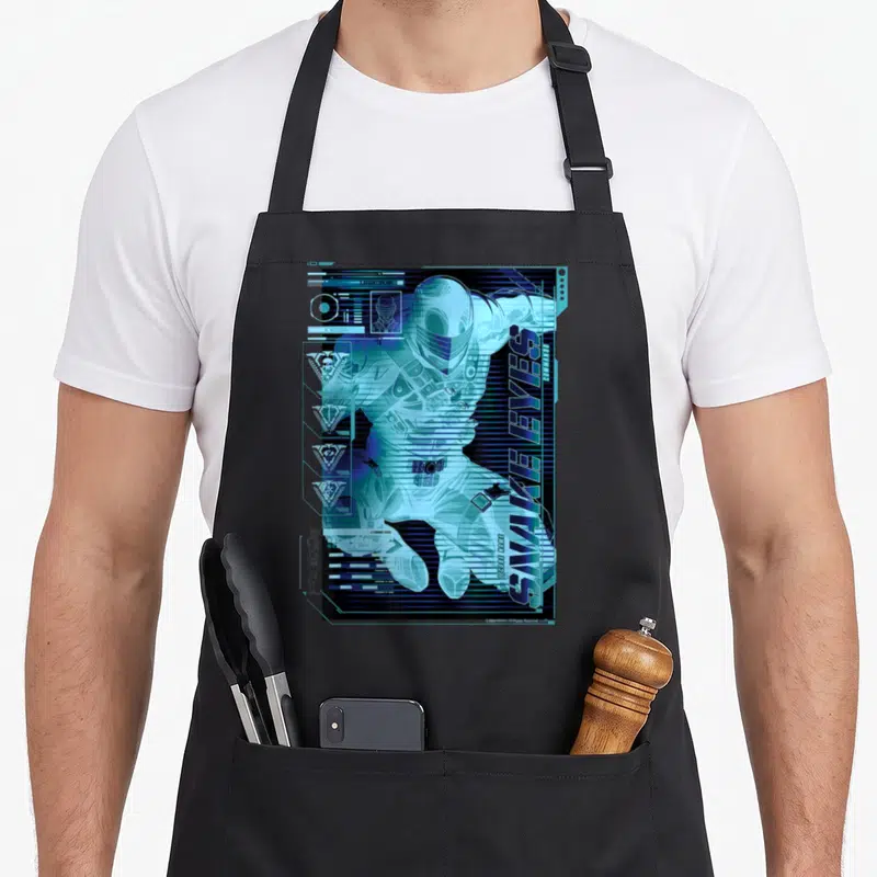 Snake collectible apron - Blue ninja schematic with vertical SNAKE EYES text and digital UI lines — shown on a black cotton canvas apron against a white background