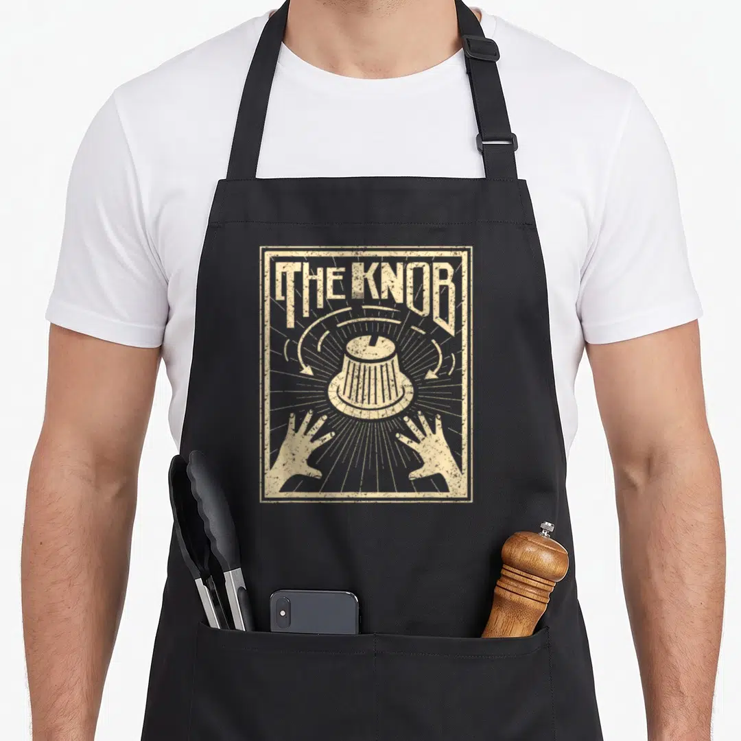 Knob synthesizer apron - Beige THE KNOB text above a central dial with rays, arrows, and two reaching hands — shown on a black cotton canvas apron against a white background