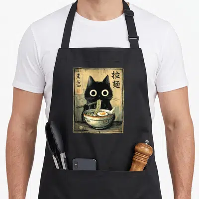 Artwork cat apron - Black cat eating ramen noodles with vertical kanji text and red seal on beige background — shown on a black cotton canvas apron against a white background