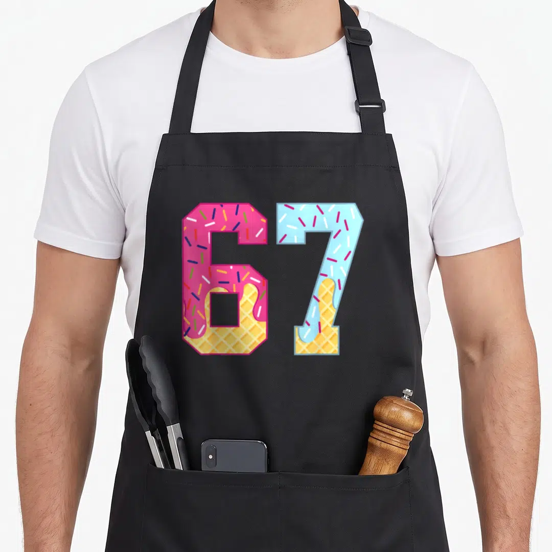Alpha ice cream apron - Number 67 designed as pink and blue ice cream cones with sprinkles on waffle bases — shown on a black cotton canvas apron against a white background