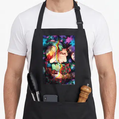 Pride vehicle apron - Two women face-to-face with rainbow arc and purple, blue, green, pink flowers — shown on a black cotton canvas apron against a white background