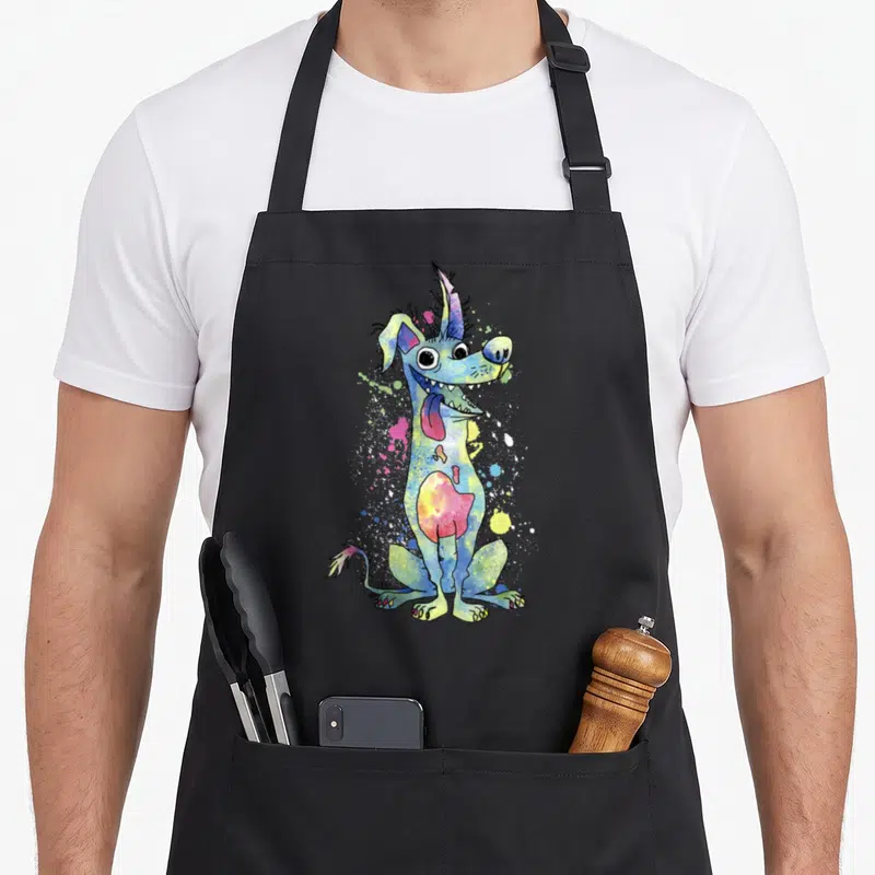 Dante cocoon apron - Cartoon dog in blue yellow pink green with paint splatters on black apron — shown on a black cotton canvas apron against a white background