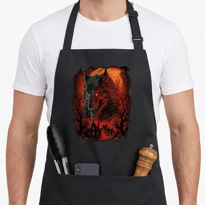 Werewolf harvest apron - Large wolf head over a house and trees against an orange moon in black and red — shown on a black cotton canvas apron against a white background