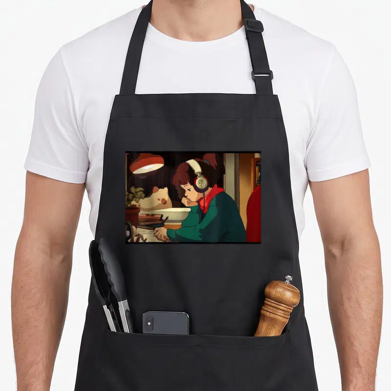 Lofi hip apron - Cartoon girl wearing headphones sitting at a desk with books, paper, a lamp, and a plant — shown on a black cotton canvas apron against a white background
