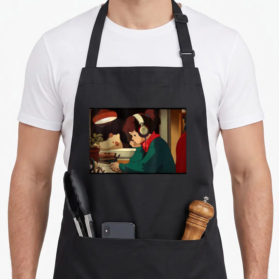 Lofi hip apron - Cartoon girl wearing headphones sitting at a desk with books, paper, a lamp, and a plant — shown on a black cotton canvas apron against a white background