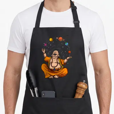 Space juggling apron - Laughing buddha in orange robes juggling five planets with white stars in cartoon style — shown on a black cotton canvas apron against a white background