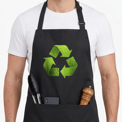Symbol earth day apron - green recycle symbol with floral pattern, cartoon style, centered on black fabric — shown on a black cotton canvas apron against a white background