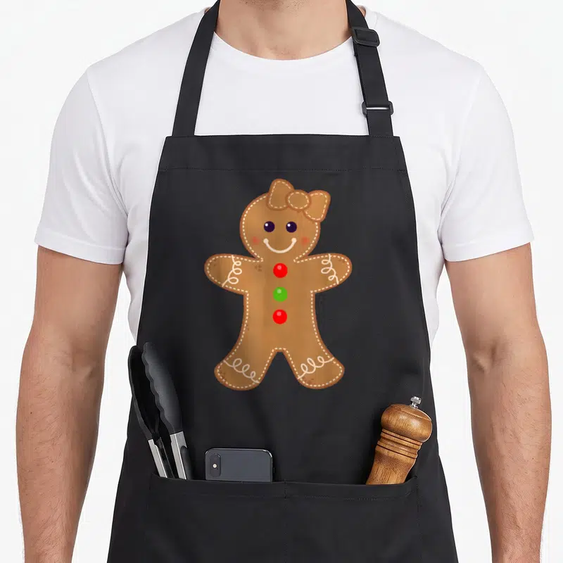 Cookie holiday baking apron - Cartoon gingerbread girl with bow and three red and green buttons — shown on a black cotton canvas apron against a white background