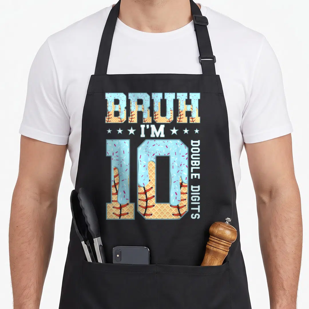 10th birthday ice cream apron - BRUH I'M 10 DOUBLE DIGITS waffle cone baseball drip art with blue frosting and red — shown on a black cotton canvas apron against a white background
