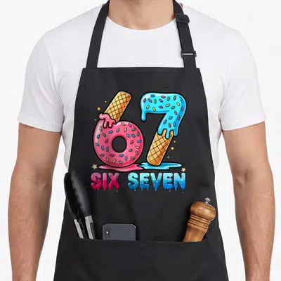 Baseball drip birthday apron - Number 67 formed by pink donut and blue ice cream cone with SIX SEVEN text — shown on a black cotton canvas apron against a white background