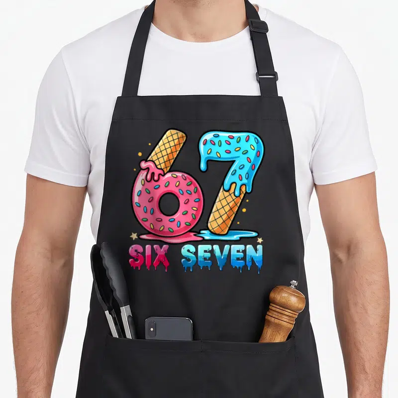 Baseball drip birthday apron - Number 67 formed by pink donut and blue ice cream cone with SIX SEVEN text — shown on a black cotton canvas apron against a white background