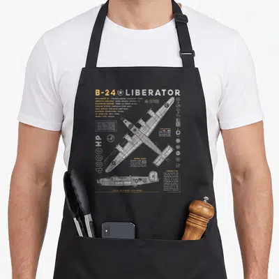 Liberator aircraft apron - Technical drawing of B-24 Liberator with yellow specifications and white line art on grey — shown on a black cotton canvas apron against a white background