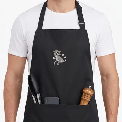 Lemur bags and aprons - Cartoon lemur with yellow eyes and striped tail inside a pocket outline — shown on a black cotton canvas apron against a white background