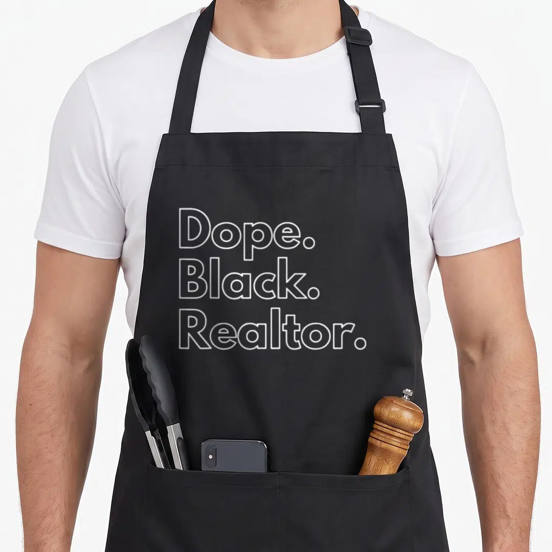 Dope realtor apron - White outline text Dope Black Realtor stacked vertically — shown on a black cotton canvas apron against a white background