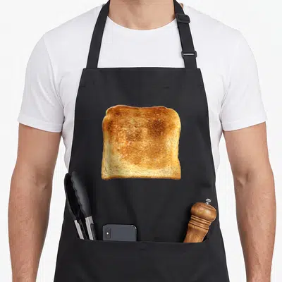 Bread toast apron - Single slice of golden brown toasted bread on black fabric — shown on a black cotton canvas apron against a white background
