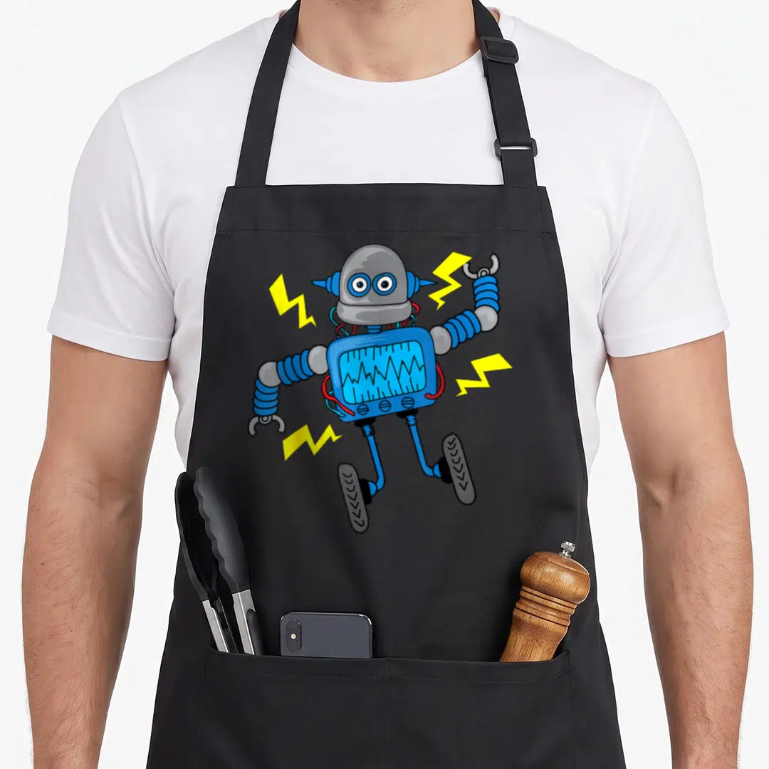 Hardworking robot apron - Cartoon grey robot with blue chest screen and three yellow lightning bolts — shown on a black cotton canvas apron against a white background