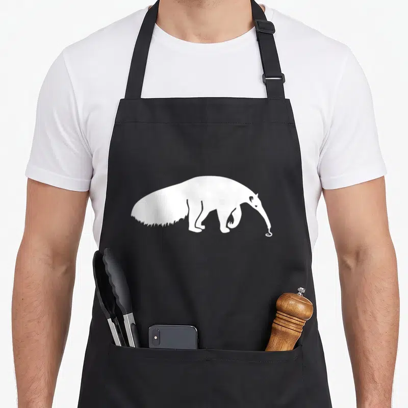 Cute anteater apron - White silhouette of an anteater facing right with extended snout and curled tongue — shown on a black cotton canvas apron against a white background