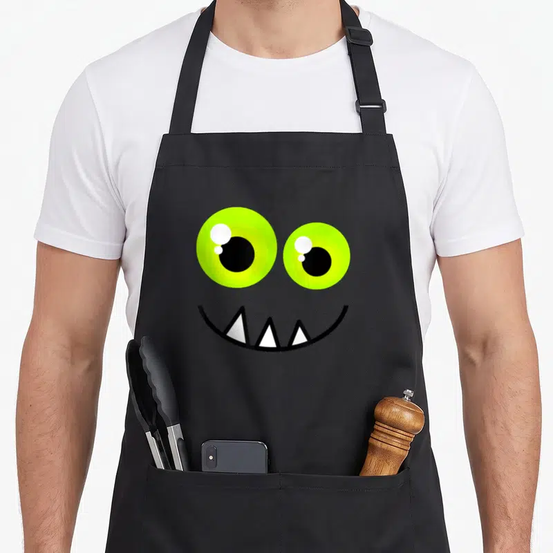 Eyed halloween apron - Two green cartoon eyes above a black smiling mouth with three white triangular teeth — shown on a black cotton canvas apron against a white background