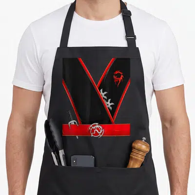 Ninja funny halloween apron - Black V-shape with red dragon, silver shuriken, sword hilt, and red belt with silver — shown on a black cotton canvas apron against a white background