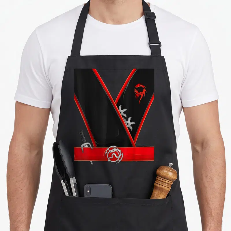 Ninja funny halloween apron - Black V-shape with red dragon, silver shuriken, sword hilt, and red belt with silver — shown on a black cotton canvas apron against a white background