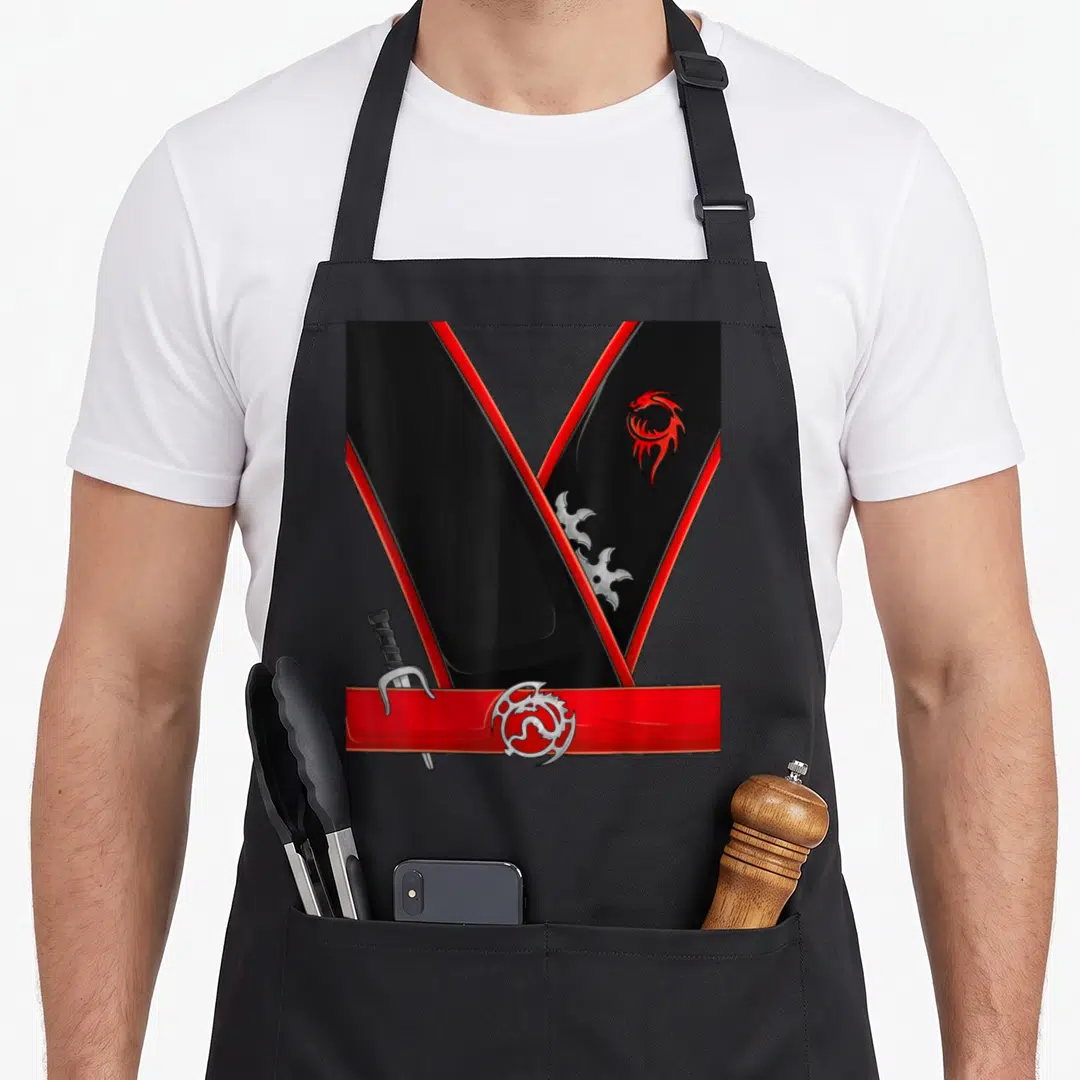 Ninja funny halloween apron - Black V-shape with red dragon, silver shuriken, sword hilt, and red belt with silver — shown on a black cotton canvas apron against a white background