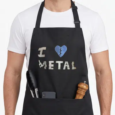 Derived metal apron - Distressed I and blue broken heart above white METAL text — shown on a black cotton canvas apron against a white background