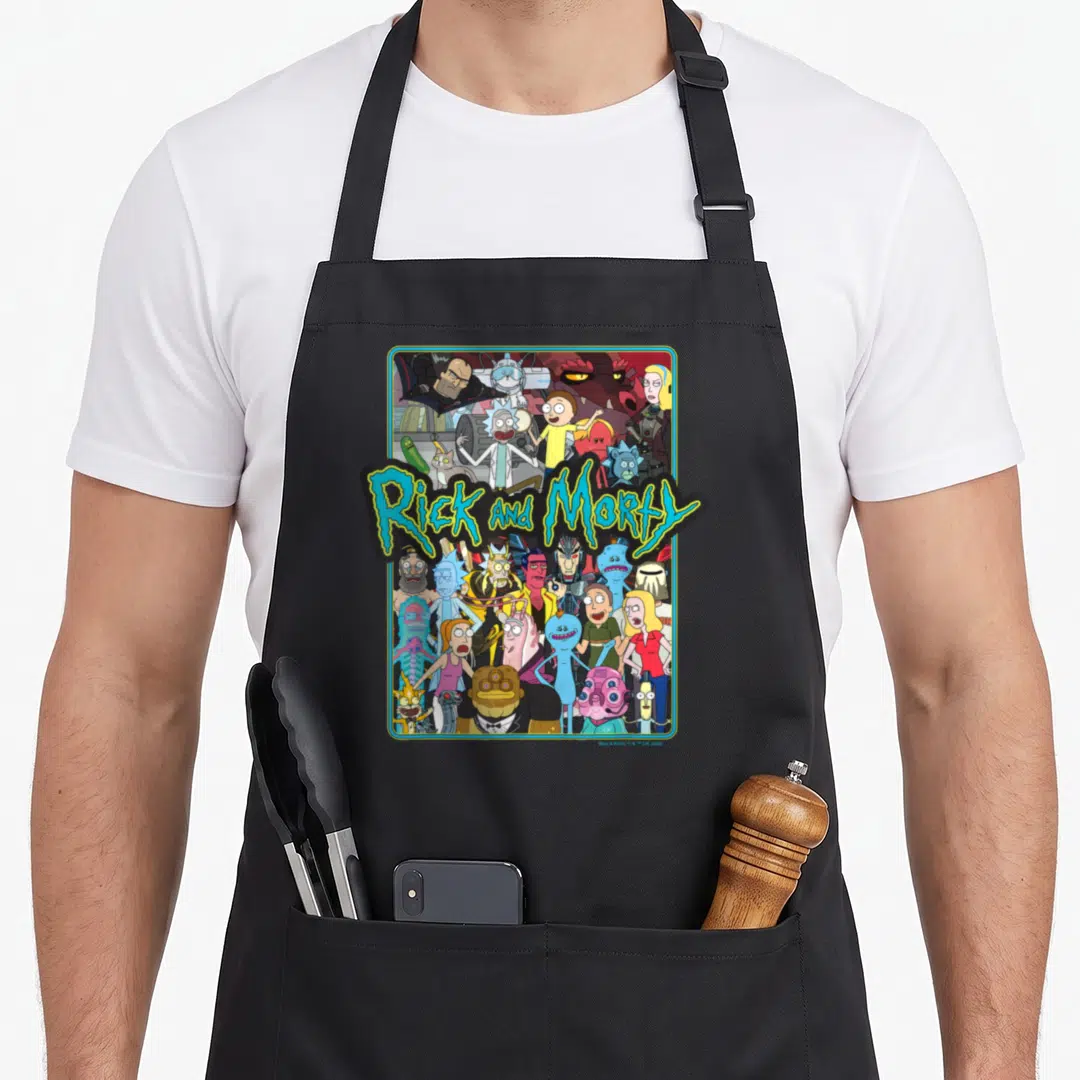 Collage general apron - Rick and Morty group collage with stylized title text overlapping a rectangle of cartoon — shown on a black cotton canvas apron against a white background