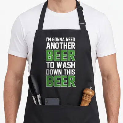 Another beer apron - Stacked white and green text reading I'm gonna need another beer to wash down this beer — shown on a black cotton canvas apron against a white background