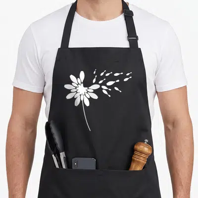Bowling sports team aprons - White dandelion silhouette composed of bowling pins drifting right in minimalist style — shown on a black cotton canvas apron against a white background