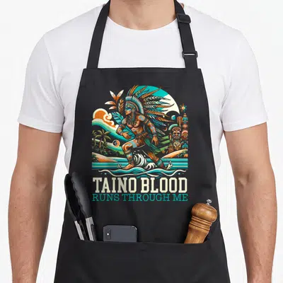 Taino indigenous apron - Retro warrior figure surrounded by teal and orange nature symbols with stacked text at bottom — shown on a black cotton canvas apron against a white background