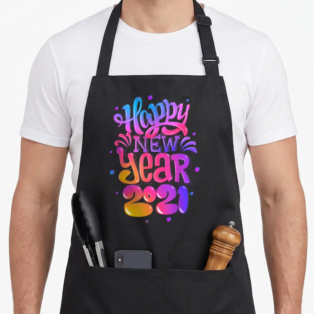 Supply new years eve apron - Stacked Happy NEW year 2021 text in blue pink purple and orange gradients — shown on a black cotton canvas apron against a white background