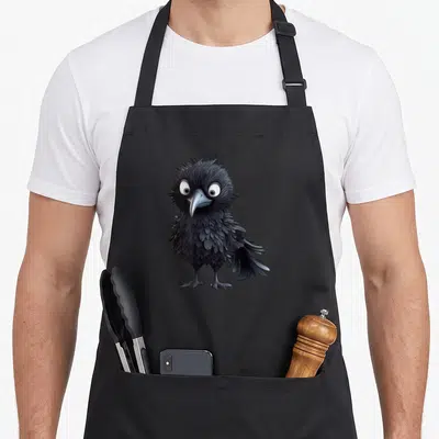 Raven bird gothic apron - Centered cartoon crow illustration in black and grey feathers standing on two legs — shown on a black cotton canvas apron against a white background