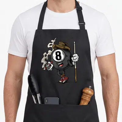 Ball pool billiards apron - Cartoon 8-ball character holding cue and smoking, wearing hat and red shoes — shown on a black cotton canvas apron against a white background
