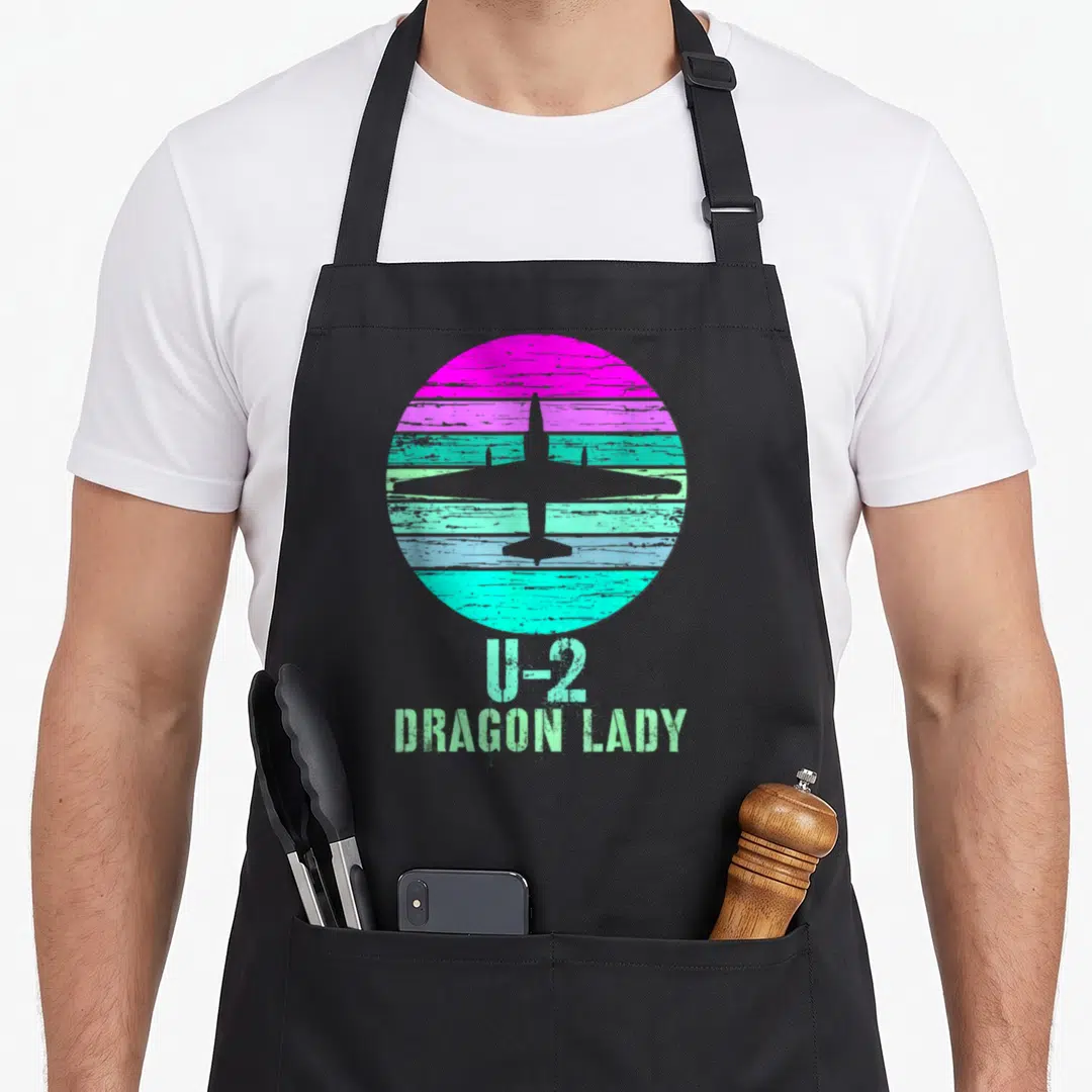 Military dragon apron - Retro U-2 airplane silhouette inside pink teal striped circle with stacked text — shown on a black cotton canvas apron against a white background