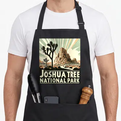 Hiking tree apron - Retro poster art of a black Joshua tree silhouette against tan rocks and radiating rays with white — shown on a black cotton canvas apron against a white background