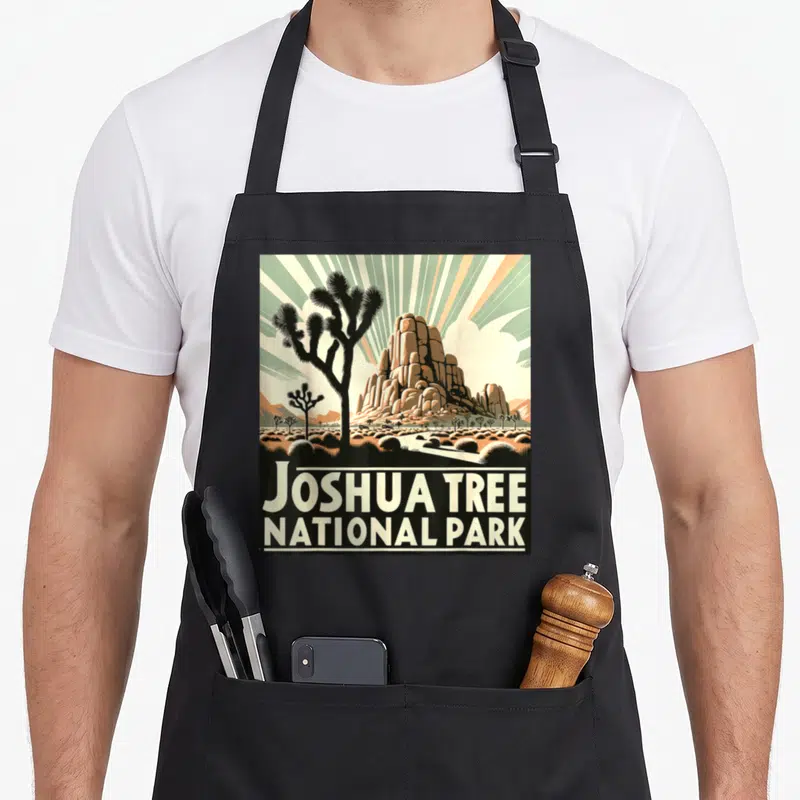 Hiking tree apron - Retro poster art of a black Joshua tree silhouette against tan rocks and radiating rays with white — shown on a black cotton canvas apron against a white background