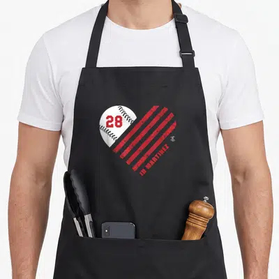 Martinez striped apron - Distressed heart made of white baseball with number 28 and red diagonal stripes below JD — shown on a black cotton canvas apron against a white background